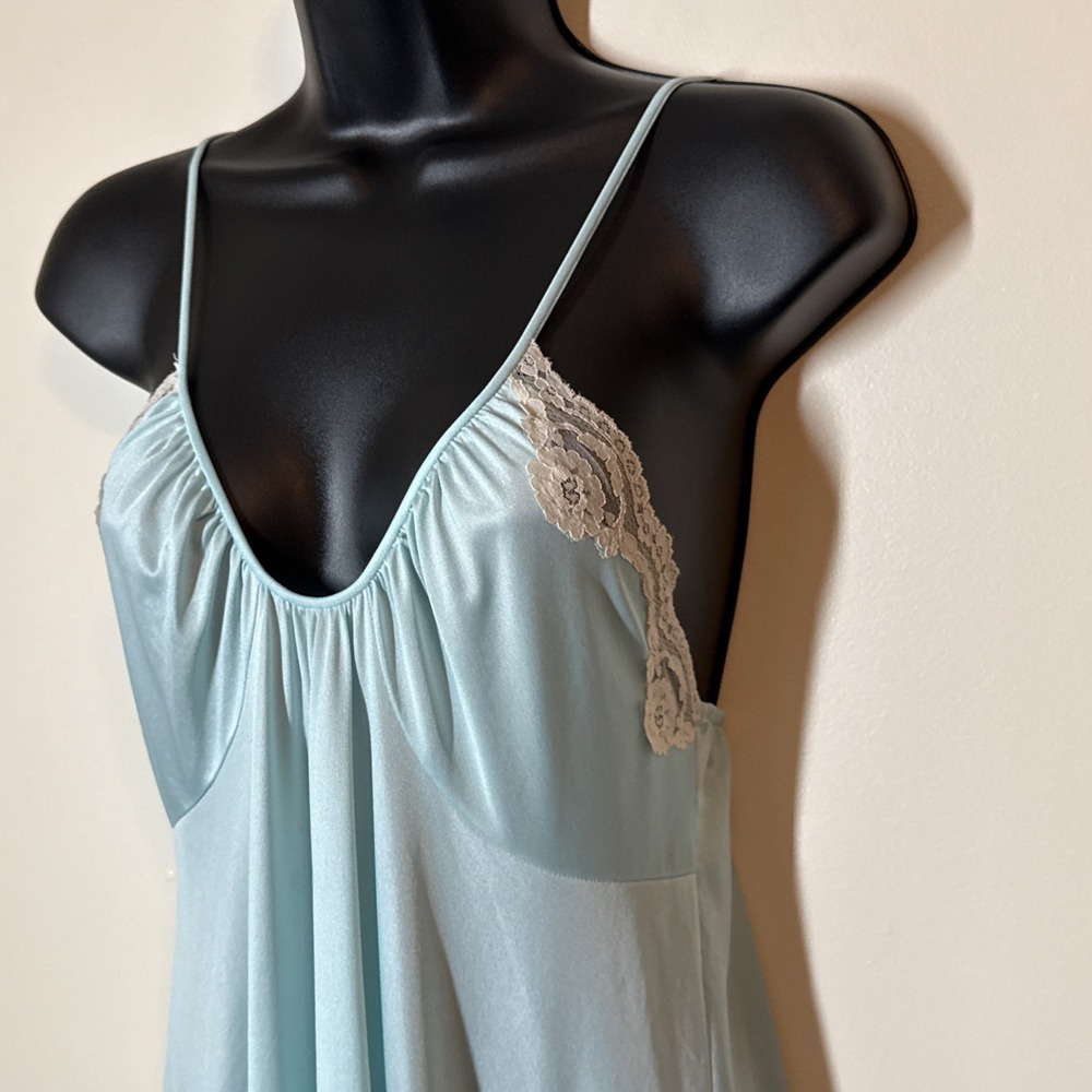 Vintage Gossard Satin Lace Maxi Nightgown Babydoll Chemise Size M Green 80s USA